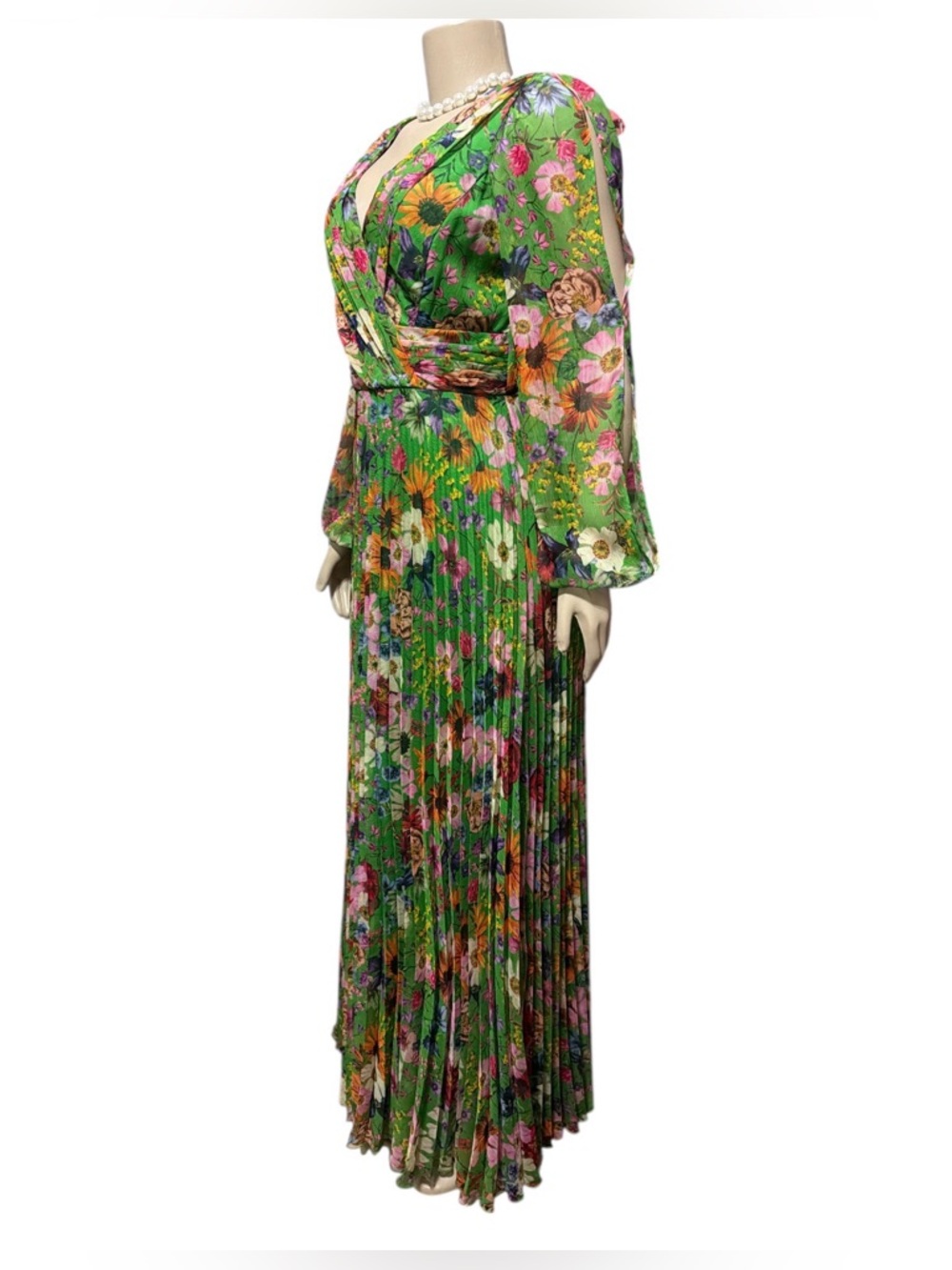 Betsy & Adam Sz 4  Floral Long Sleeve Cold Shoulder Pleated Gown Formal Green - Picture 3 of 15
